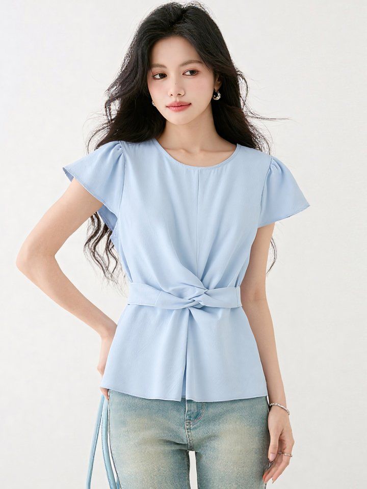 봄 여름 여성 라운드넥 플러터소매 벨티드블라우스 슬림핏 허리매듭 데일리룩 면티 - 상세 이미지 5