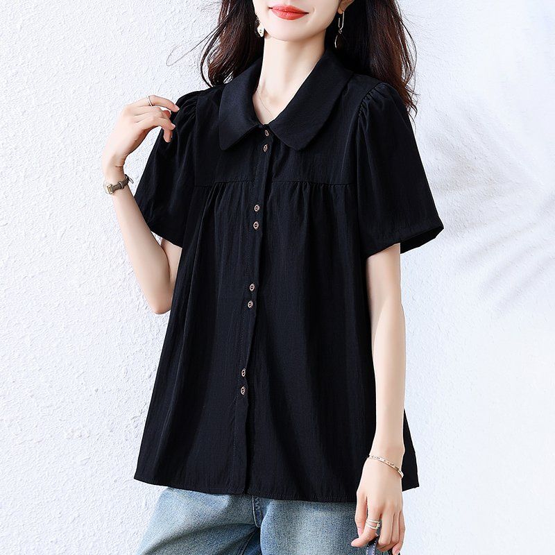 봄 여름 빅사이즈 퍼프소매 피터팬카라 블라우스 셔링 데일리룩 여성셔츠 면소재 - 상세 이미지 3
