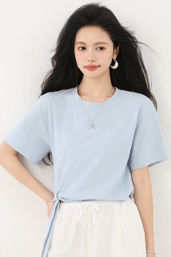 봄 여름 여성 라운드넥 반팔티셔츠 루즈핏 밑단매듭 스트랩 데일리룩 캐주얼 면티 - 상세 이미지 5