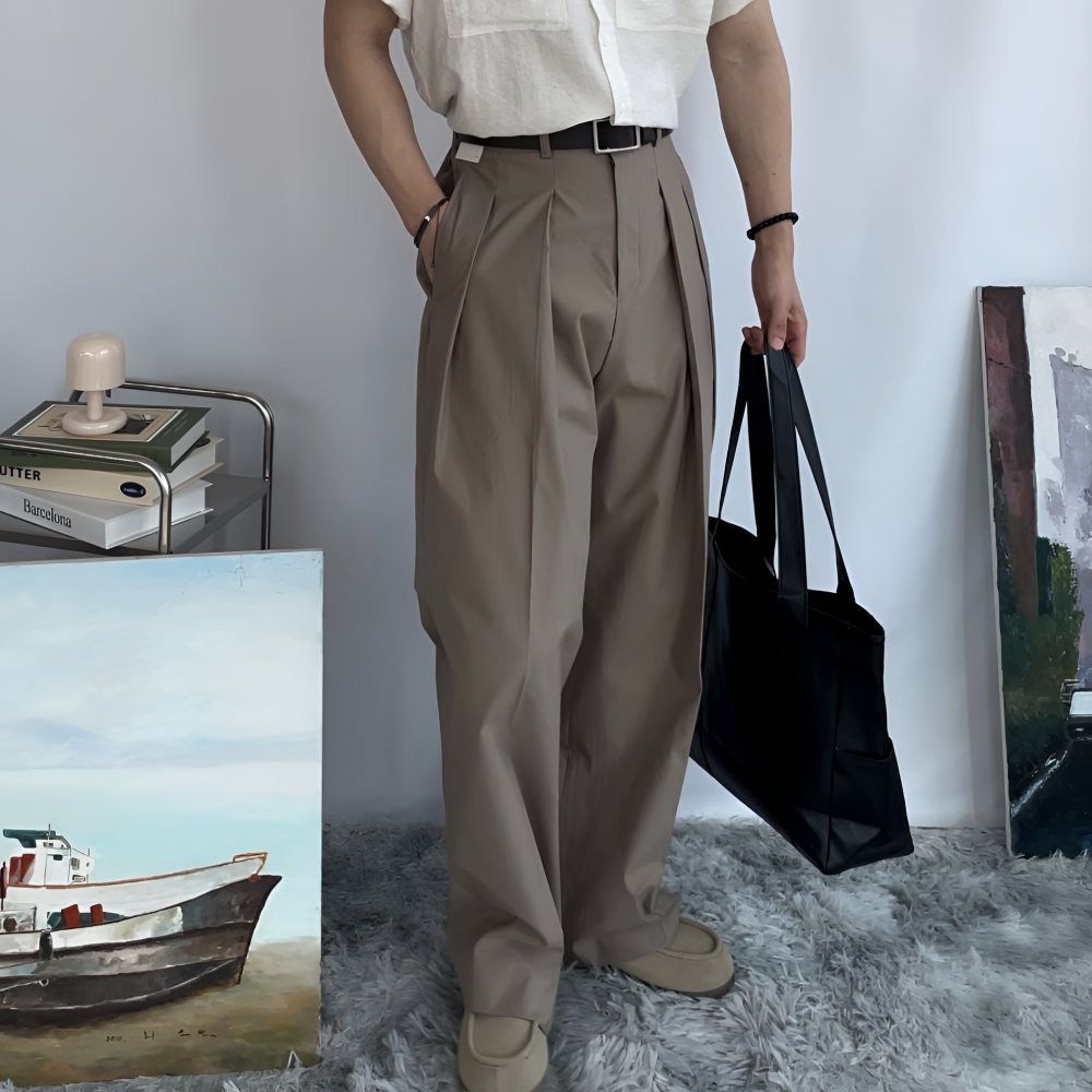 남자 투턱 바지 커브드 팬츠 세미 벌룬 팬츠 - 상품 이미지