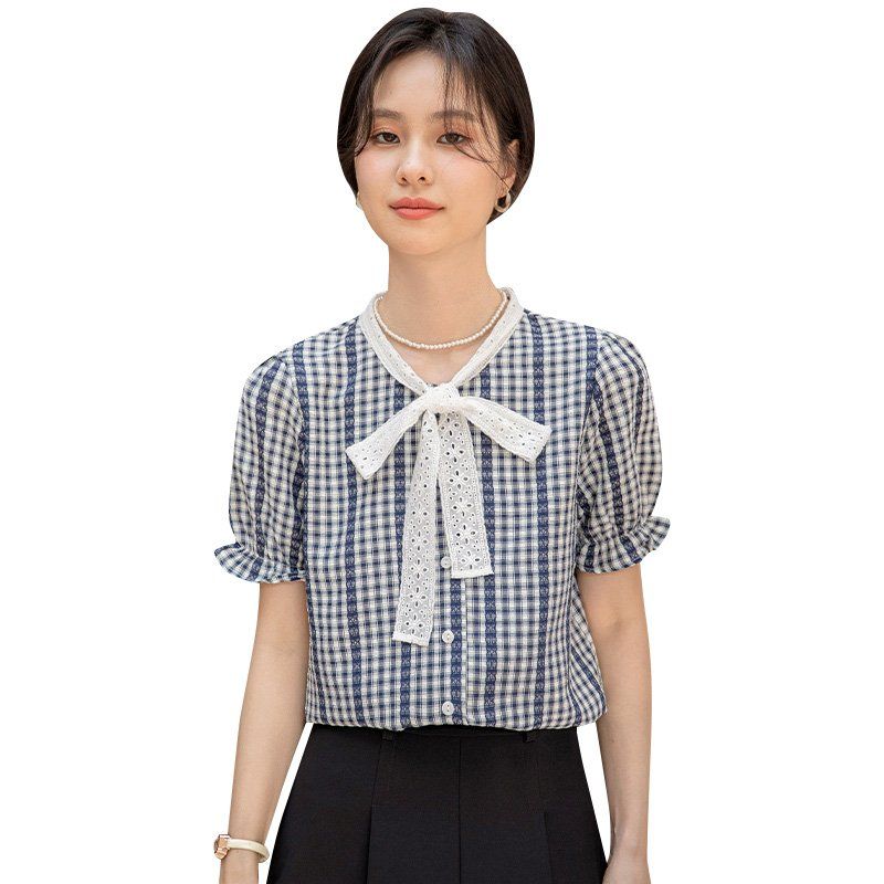 봄 여름 여성 약간루즈핏 체크 반팔 레이스카라 리본타이 셔링소매 블라우스 셔츠 - 상세 이미지 4