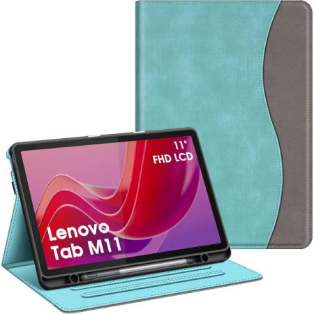 [해외]레노버 탭 M11/탭 K11 LTE 11인치 펜 홀더가 있는 핀티 케이스(TB-330FU/TB-330XU), 포켓이 멀티 앵글 뷰 폴리오 커버, 자동 웨이크/슬립(터쿼이즈)