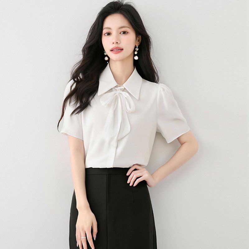 봄 여름 여성 카라넥 반팔블라우스 타이넥 루즈핏 오피스룩 데일리룩 쉬폰 면셔츠 - 메인 이미지