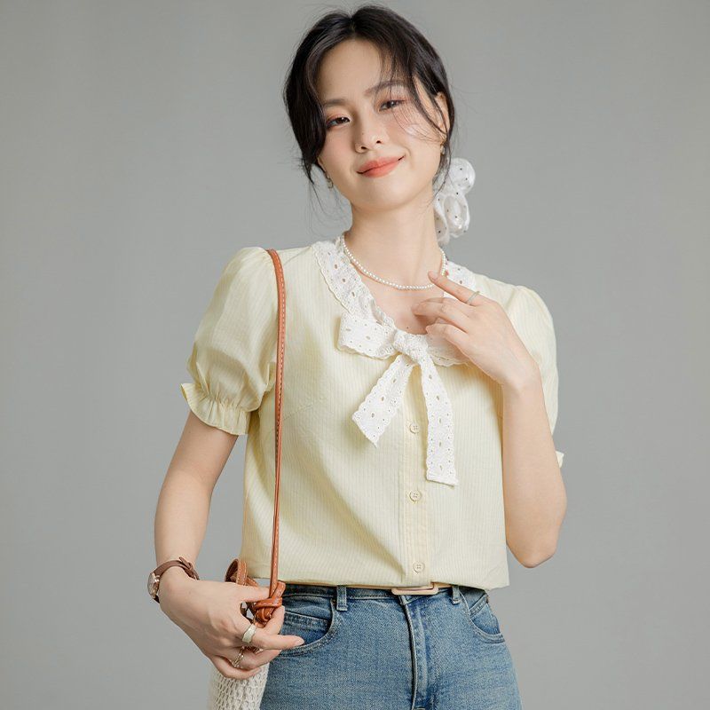 봄 여름 여성 리본타이블라우스 반팔 퍼프소매 스트라이프 슬림핏 데일리룩 면셔츠 - 상세 이미지 3