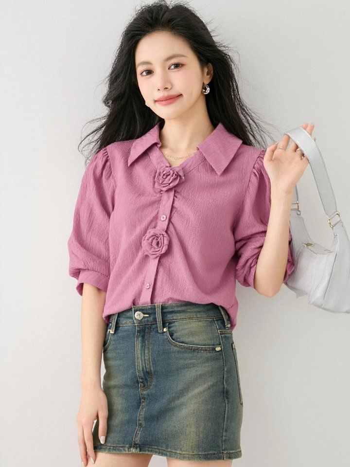 봄 여름 여성 카라넥 반팔블라우스 로즈장식 퍼프소매 루즈핏 오피스룩 데일리 면티 - 상세 이미지 4