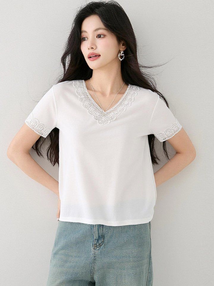 봄 여름 여성 브이넥 레이스티셔츠 반팔 루즈핏 데일리룩 시스루 캐주얼 면티셔츠 - 상세 이미지 3