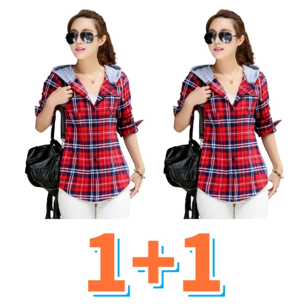 1+1 봄 여성 후드 체크 남방 면 슬림핏 긴팔 코트 01. M - 상품 이미지