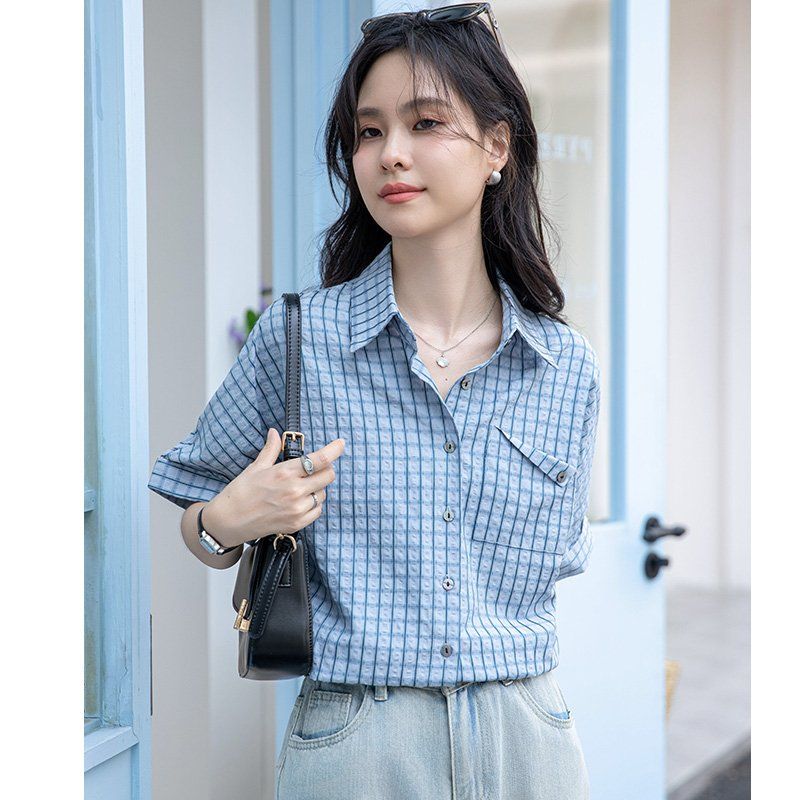 봄 여름 여성 체크셔츠 브이넥 반팔블라우스 슬림핏 데일리룩 캐주얼 남방 - 상세 이미지 3