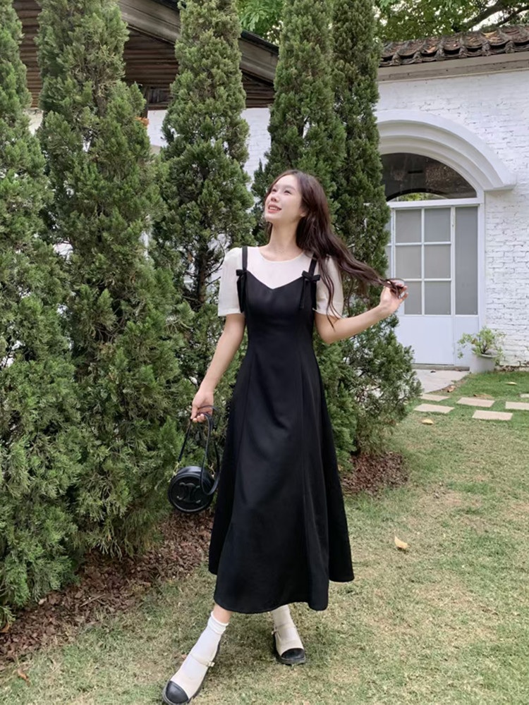 여성 빅사이즈 반팔 레이어드 뷔스티에 리본 플레어 롱원피스 블랙 L - 상세 이미지 3