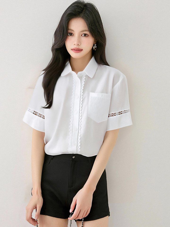 봄 여름 여성 카라넥 반팔셔츠 레이스배색 루즈핏 블라우스 데일리룩 오피스룩 면티 - 상세 이미지 4
