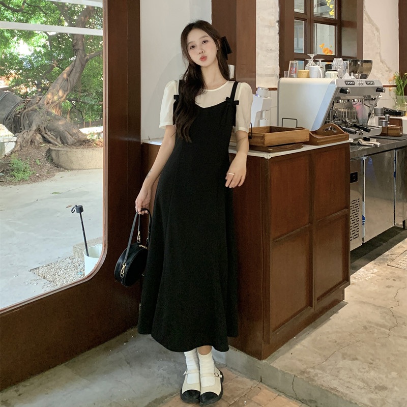 여성 빅사이즈 반팔 레이어드 뷔스티에 리본 플레어 롱원피스 블랙 L - 상세 이미지 5