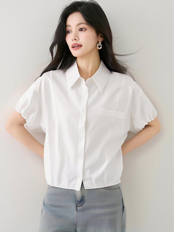 봄 여름 여성 카라넥 크롭셔츠 반팔 루즈핏 퍼프소매 데일리룩 오피스룩 면블라우스 - 상세 이미지 2
