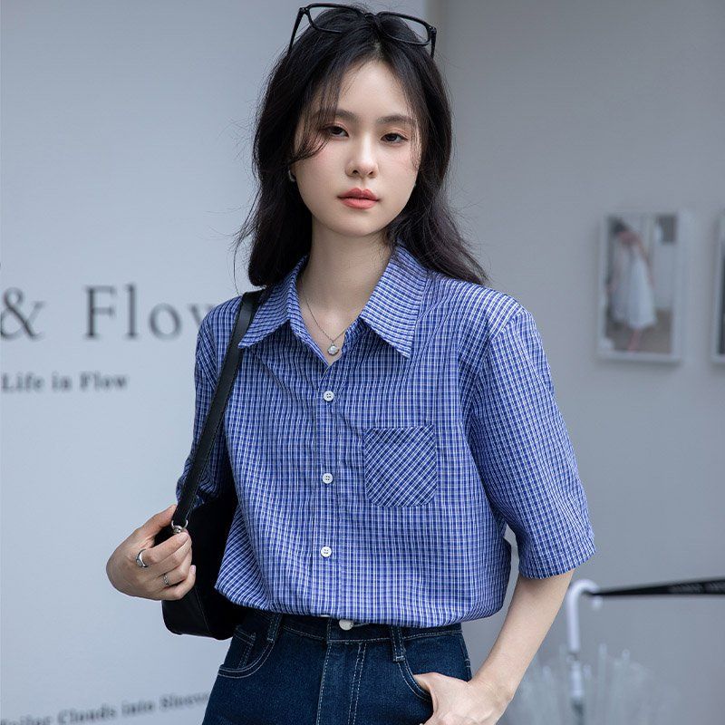 여성체크셔츠 브이넥 반팔 슬림핏 봄 여름 데일리룩 캐주얼 남방 포켓 면블라우스 - 상세 이미지 4