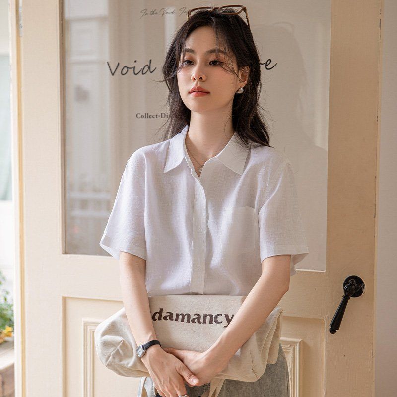 봄 여름 여성 카라넥 반팔셔츠 루즈핏 린넨라이크 데일리룩 캐주얼 남방 포켓 면티 - 상세 이미지 3