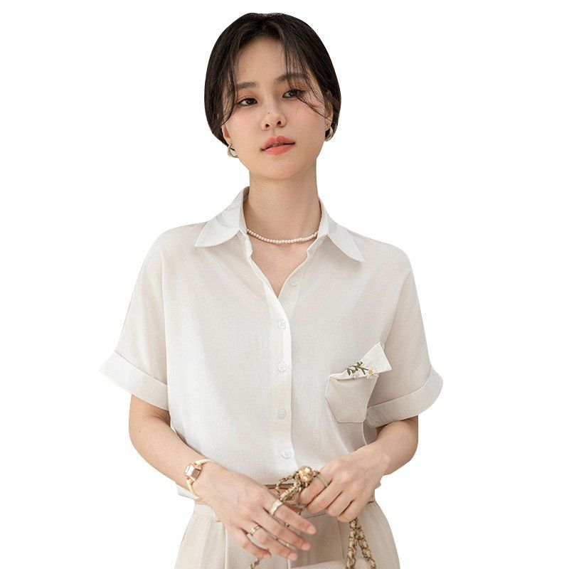 여성셔츠 브이넥 반팔 루즈핏 포켓자수 봄 여름 데일리룩 캐주얼 남방 면블라우스 - 상세 이미지 5