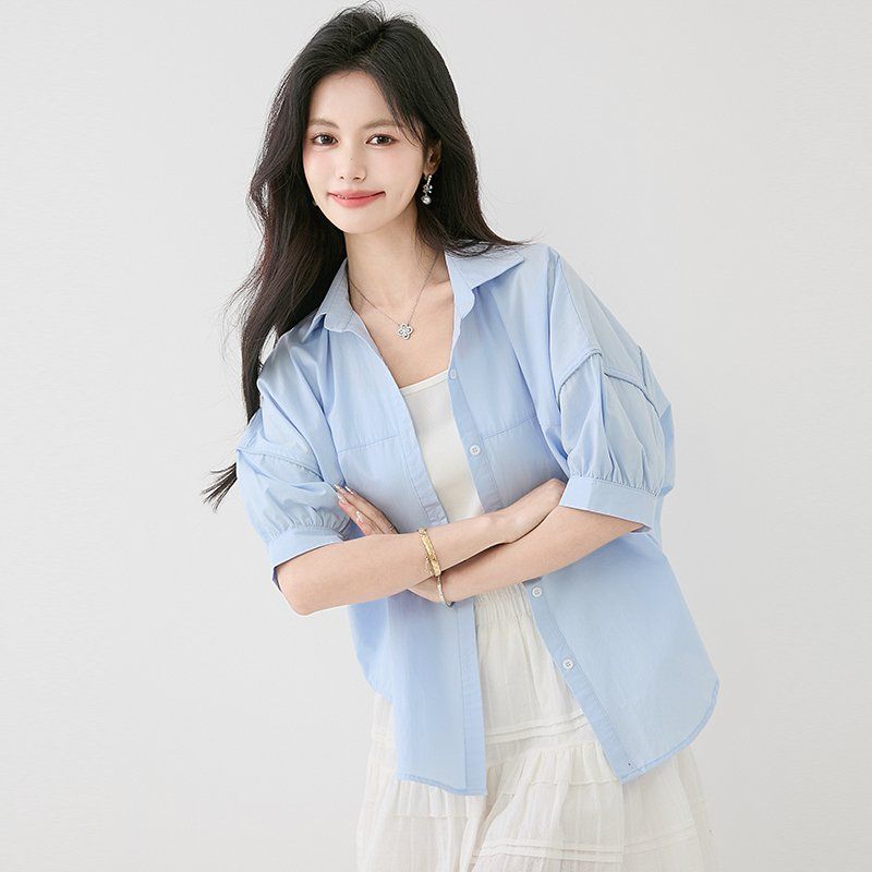 여성셔츠 카라넥 반팔 드롭숄더 봄 여름 루즈핏 데일리룩 캐주얼 빅사이즈 남방 면티 - 상세 이미지 2