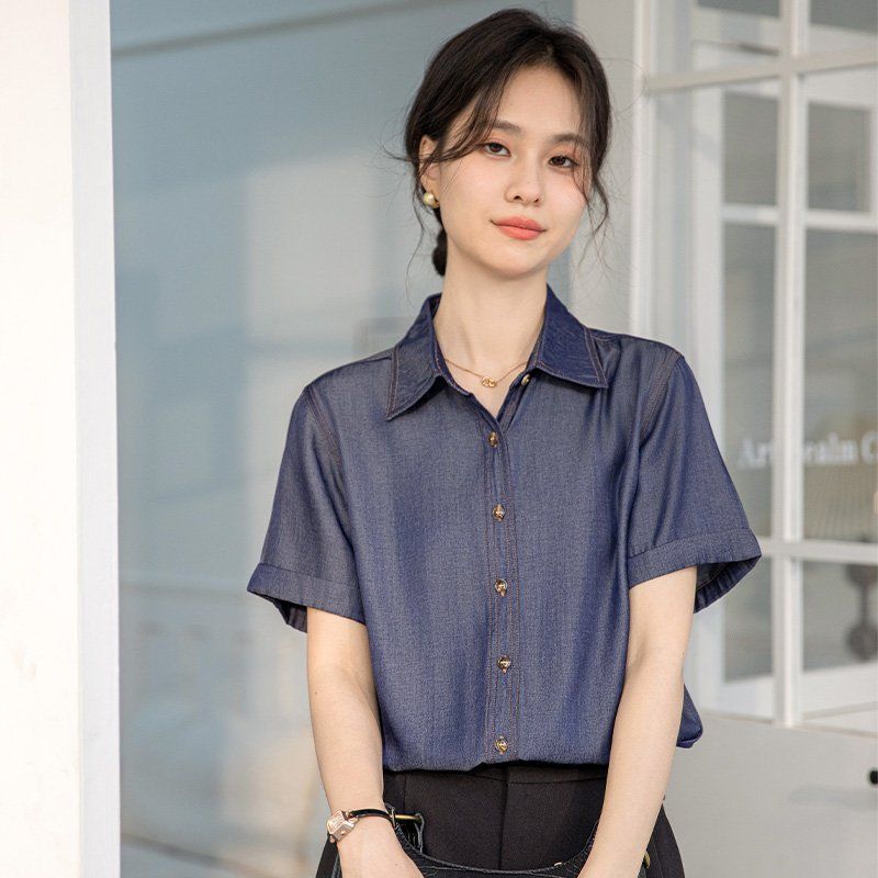 봄 여름 여성 브이넥 반팔셔츠 슬림핏 데님 데일리룩 캐주얼 남방 시원한 면블라우스 - 상품 이미지