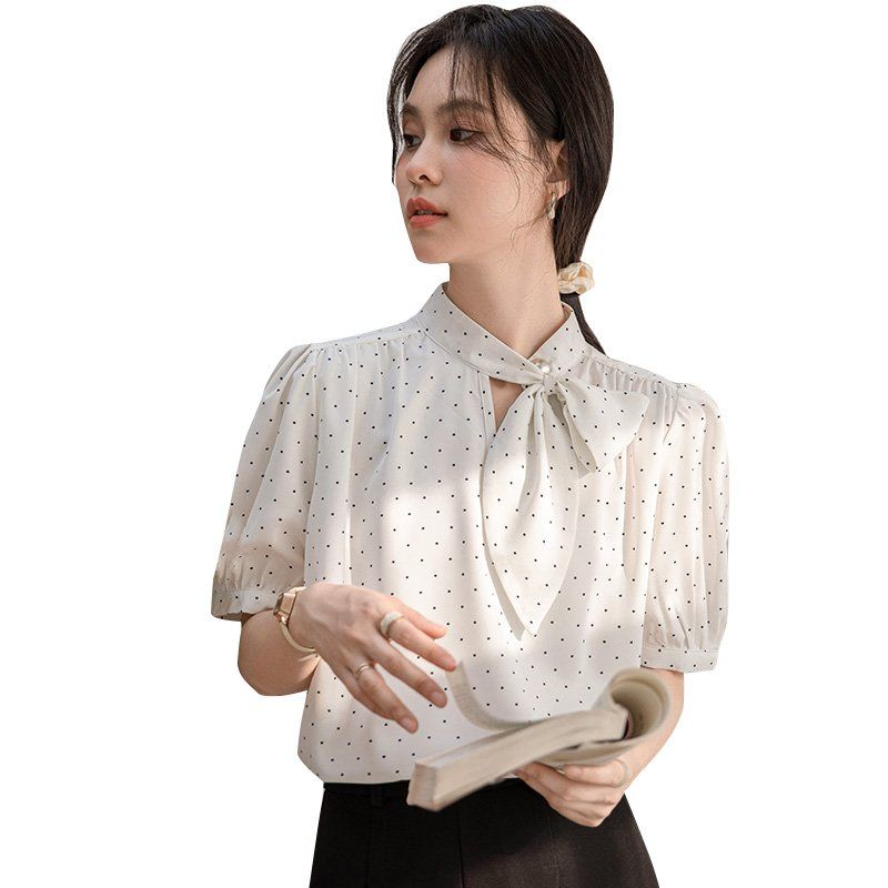 봄 여름 여성 리본타이블라우스 반팔 퍼프소매 도트 루즈핏 오피스룩 데일리 면셔츠 - 상세 이미지 5