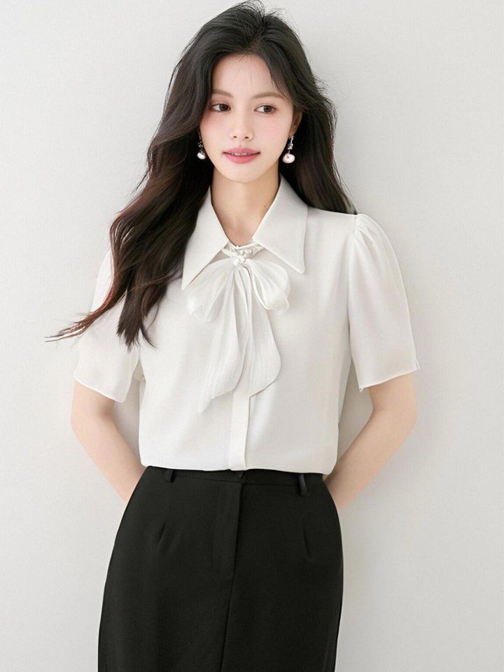 봄 여름 여성 카라넥 반팔블라우스 타이넥 루즈핏 오피스룩 데일리룩 쉬폰 면셔츠 - 상세 이미지 3
