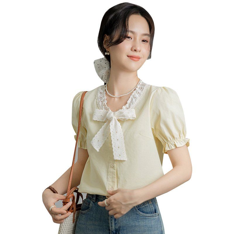 봄 여름 여성 리본타이블라우스 반팔 퍼프소매 스트라이프 슬림핏 데일리룩 면셔츠 - 상세 이미지 5