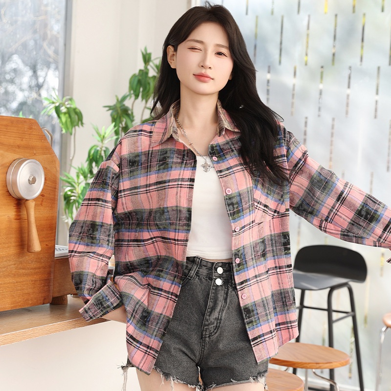 1+1 봄 가을 여성 체크 셔츠 루즈핏 긴팔 외투 01. M (45-57.5kg) - 상세 이미지 5