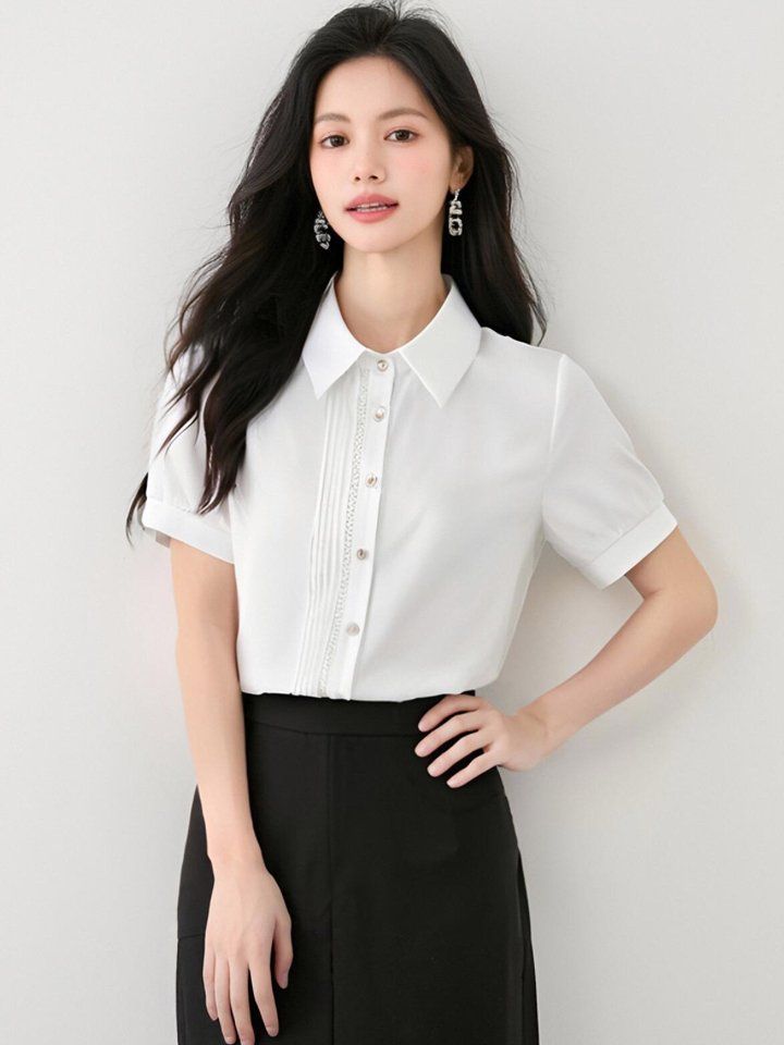 봄 여름 여성 카라넥 반팔셔츠 핀턱주름 루즈핏 블라우스 데일리룩 오피스룩 면티 - 상세 이미지 2