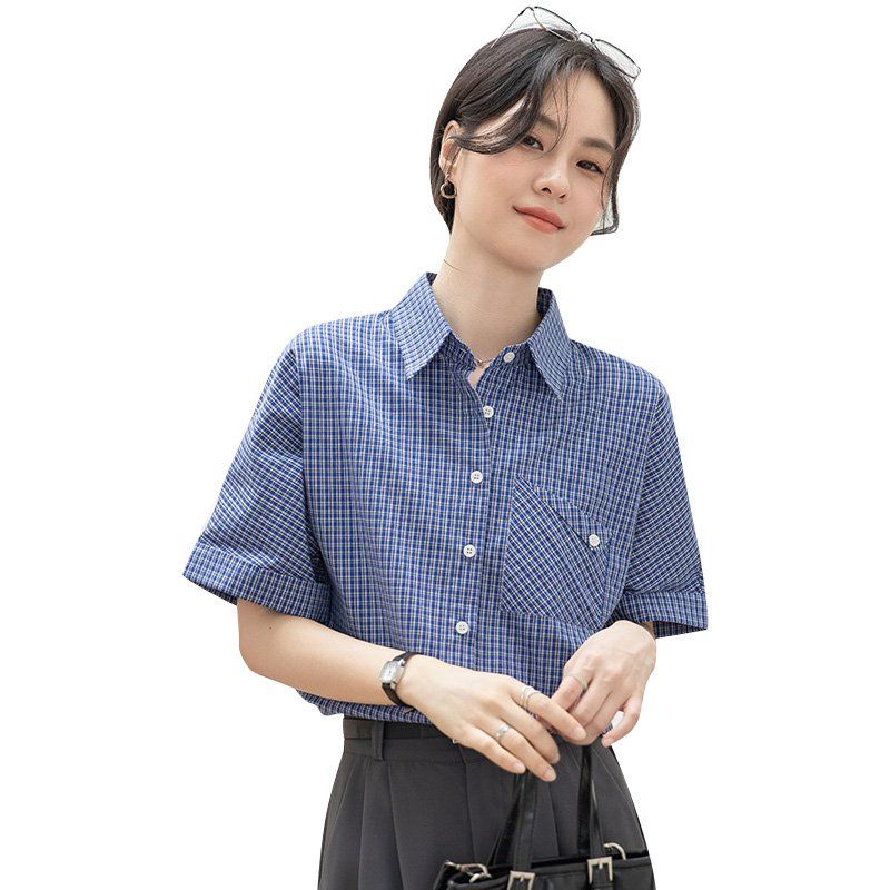 봄 여름 여성 브이넥 체크셔츠 반팔 루즈핏 데일리룩 캐주얼 남방 블라우스 포켓면티 - 상세 이미지 5