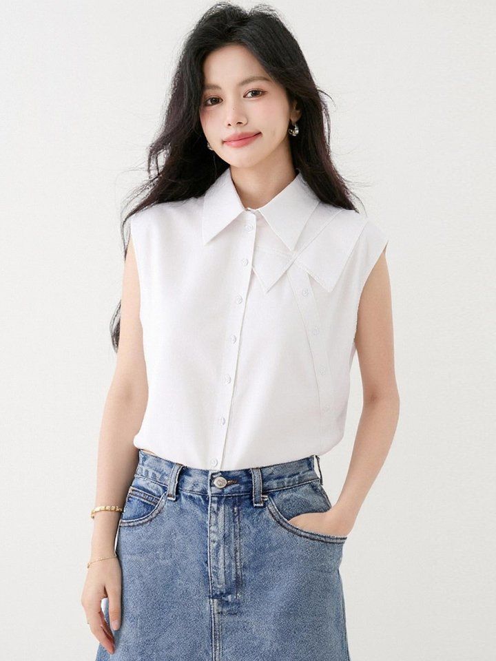 봄 여름 여성 더블카라 민소매셔츠 루즈핏 블라우스 데일리룩 오피스룩 나시 면티 - 상세 이미지 3