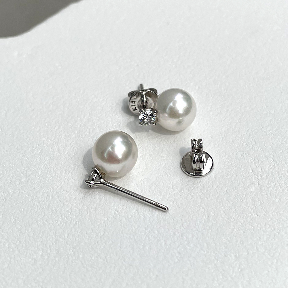 14K 18K 아코야 해수 8mm 진주 1부 천연 다이아 스터드 침 귀걸이 (현대,우신) - 상품 이미지