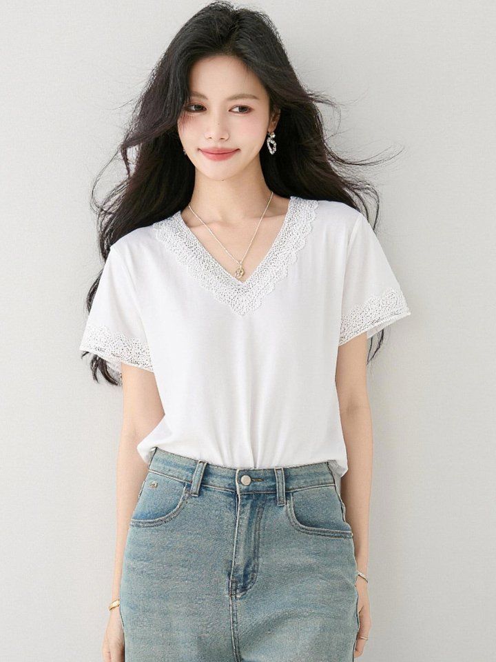 봄 여름 여성 브이넥 레이스티셔츠 반팔 루즈핏 데일리룩 시스루 캐주얼 면티셔츠 - 상세 이미지 2