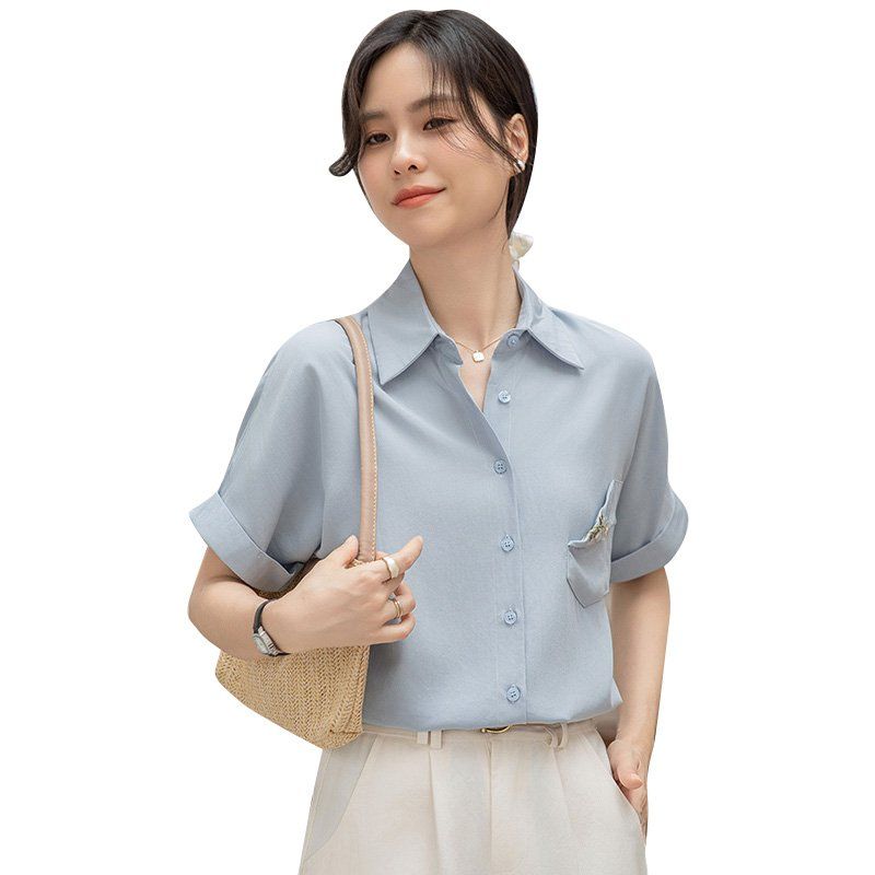 봄 여름 여성 브이넥 반팔셔츠 루즈핏 포켓자수 데일리룩 캐주얼 남방 면블라우스 - 상세 이미지 5