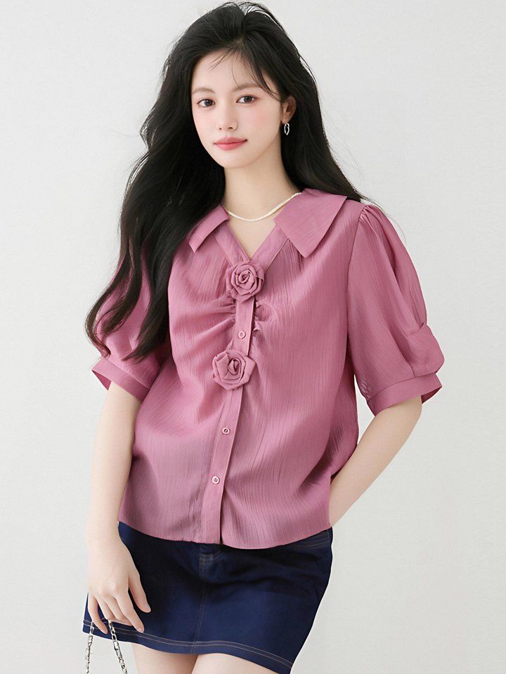 봄 여름 여성 카라넥 반팔블라우스 로즈장식 퍼프소매 루즈핏 오피스룩 데일리 면티 - 상세 이미지 3