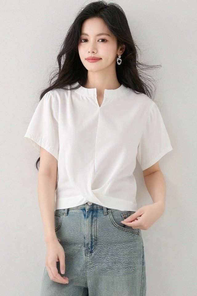 봄 여름 여성 브이넥 반팔블라우스 꼬임밑단 크롭 루즈핏 데일리룩 시원한 면티셔츠 - 상세 이미지 5