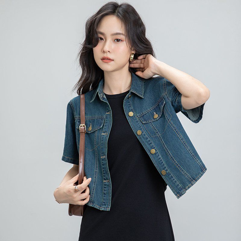 봄 여름 여성 브이넥 크롭자켓 반팔 슬림핏 데님 데일리룩 캐주얼 청자켓 투포켓 면 - 상세 이미지 3