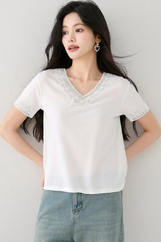 봄 여름 여성 브이넥 레이스티셔츠 반팔 루즈핏 데일리룩 시스루 캐주얼 면티셔츠 - 상세 이미지 5
