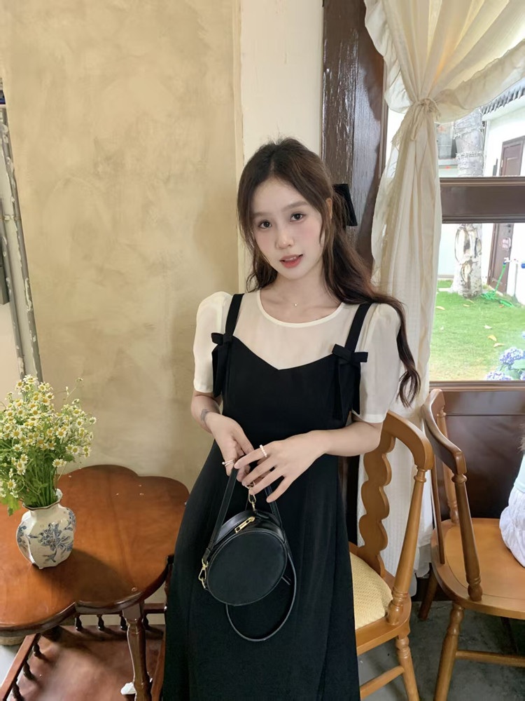 여성 빅사이즈 반팔 레이어드 뷔스티에 리본 플레어 롱원피스 블랙 L - 상세 이미지 4