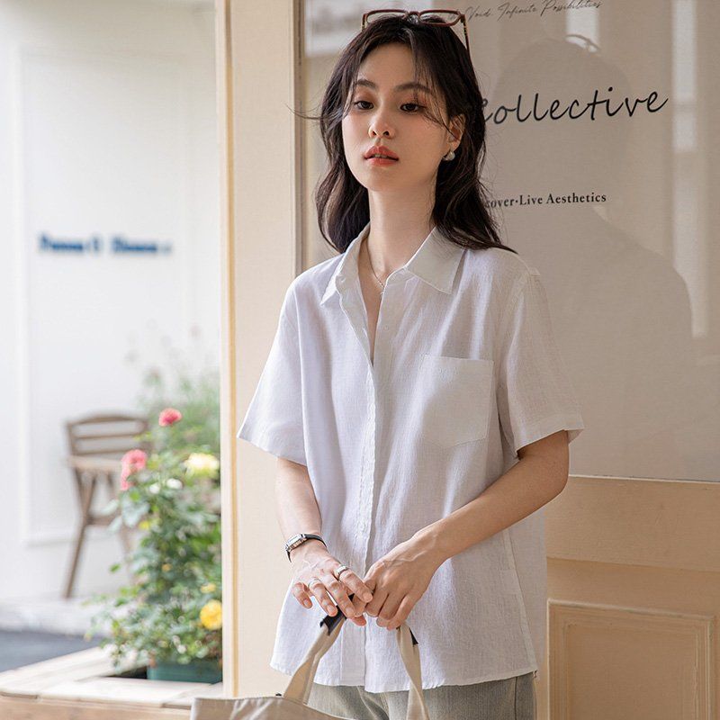 봄 여름 여성 카라넥 반팔셔츠 루즈핏 린넨라이크 데일리룩 캐주얼 남방 포켓 면티 - 메인 이미지