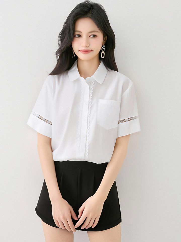 봄 여름 여성 카라넥 반팔셔츠 레이스배색 루즈핏 블라우스 데일리룩 오피스룩 면티 - 상세 이미지 2