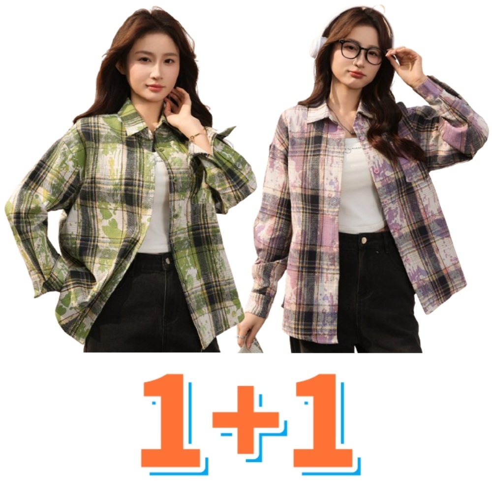 1+1 여성 러블리 체크 남방 자켓 데일리 긴팔 셔츠 01. M45-57.5KG - 상세 이미지 2