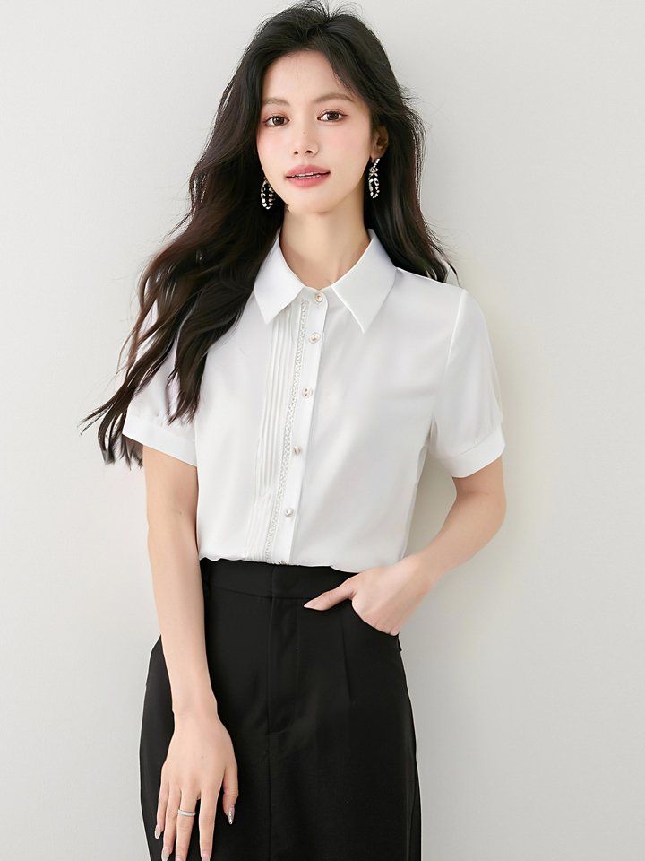 봄 여름 여성 카라넥 반팔셔츠 핀턱주름 루즈핏 블라우스 데일리룩 오피스룩 면티 - 상세 이미지 4