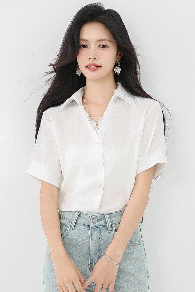 봄 여름 여성 브이넥 반팔블라우스 백스트랩 슬림핏 레이스카라 데일리룩 면티셔츠 - 상세 이미지 5