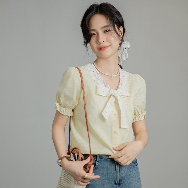 봄 여름 여성 리본타이블라우스 반팔 퍼프소매 스트라이프 슬림핏 데일리룩 면셔츠 - 상세 이미지 2