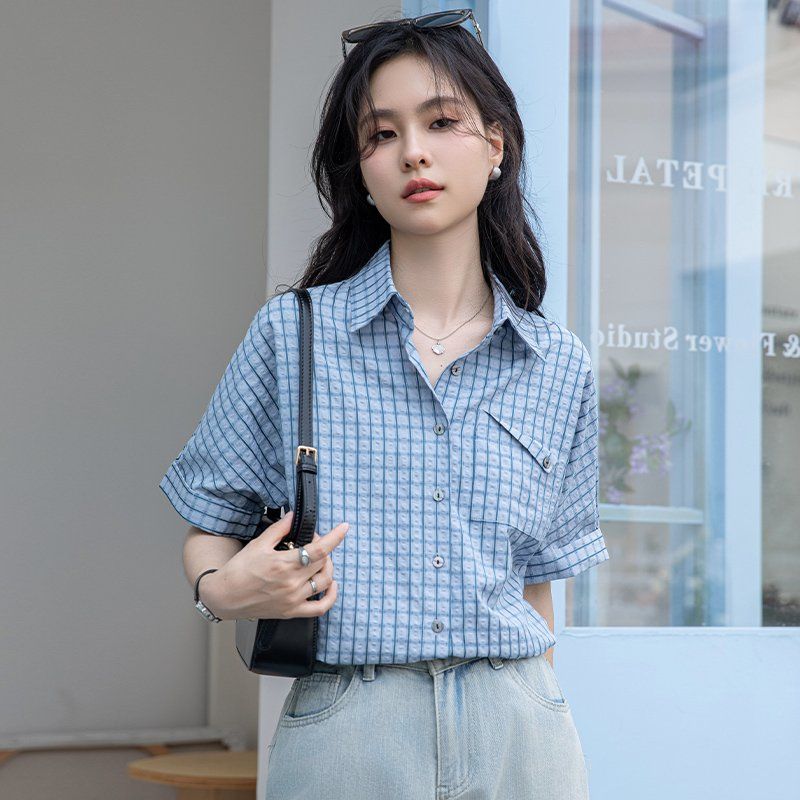 봄 여름 여성 체크셔츠 브이넥 반팔블라우스 슬림핏 데일리룩 캐주얼 남방 - 상세 이미지 4