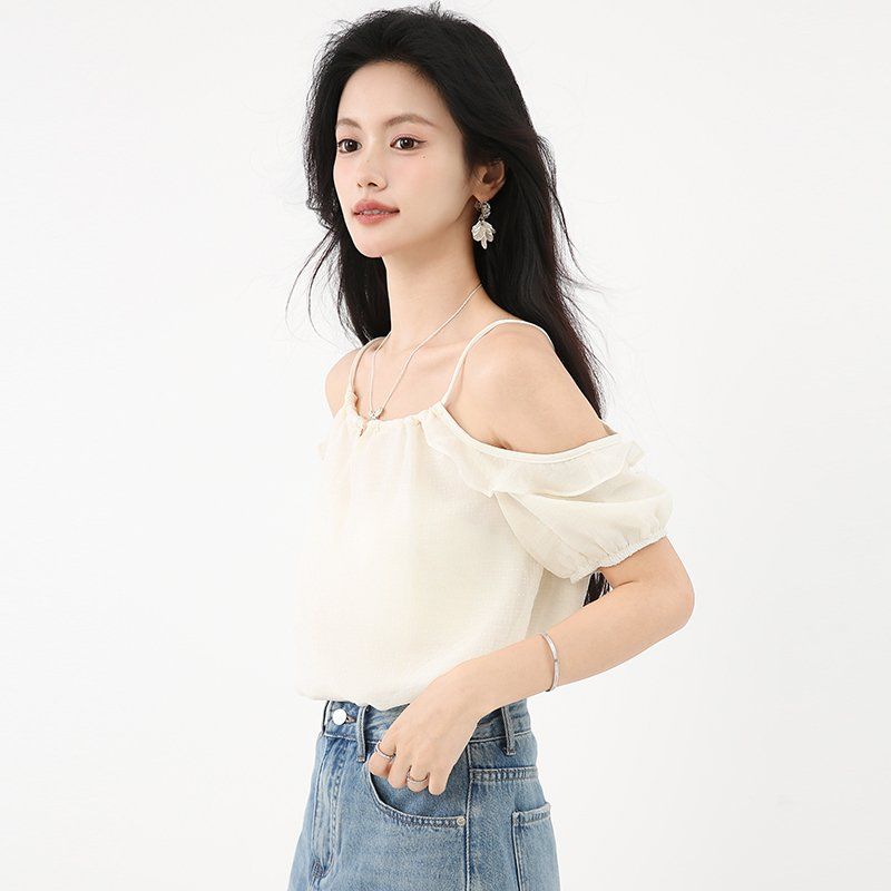 봄 여름 여성 오프숄더블라우스 반팔 루즈핏 끈나시 레이어드룩 데일리룩 시스루면티 - 상세 이미지 3