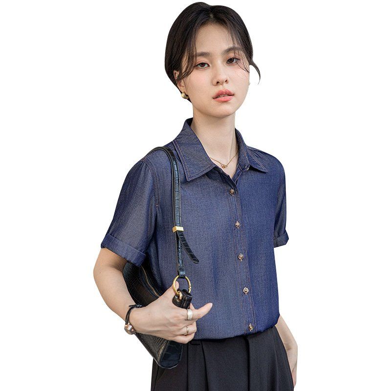 봄 여름 여성 브이넥 반팔셔츠 슬림핏 데님 데일리룩 캐주얼 남방 시원한 면블라우스 - 상세 이미지 5