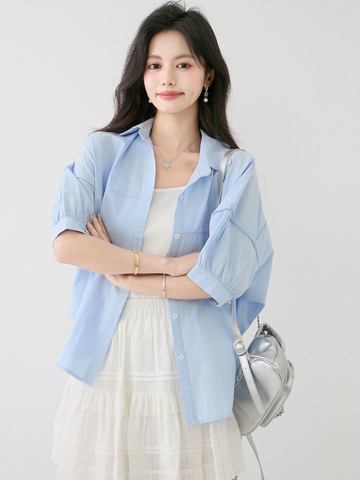 여성셔츠 카라넥 반팔 드롭숄더 봄 여름 루즈핏 데일리룩 캐주얼 빅사이즈 남방 면티 - 상세 이미지 5