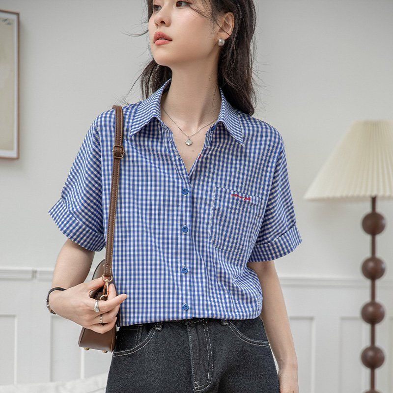 여성 봄 여름 체크 반팔 카라 셔츠 약간루즈핏 데일리룩 출근룩 캐주얼 블라우스 - 상세 이미지 2