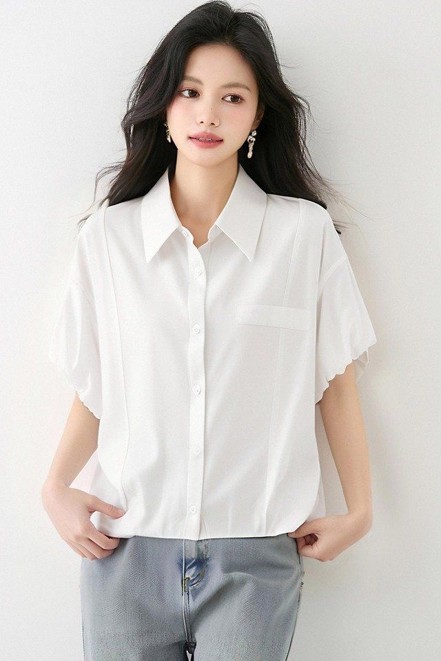 봄 여름 여성 카라넥 크롭셔츠 반팔 루즈핏 퍼프소매 데일리룩 오피스룩 면블라우스 - 상세 이미지 5
