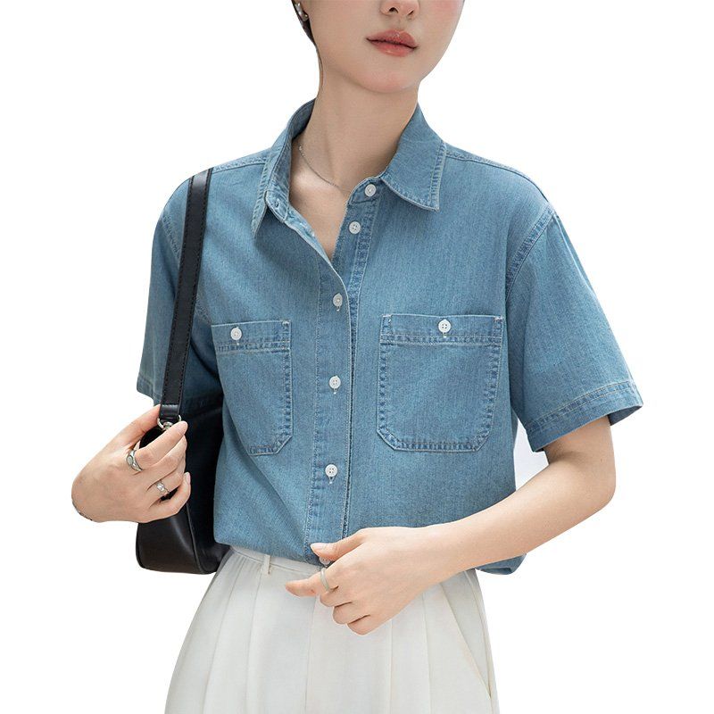 봄 여름 여성 브이넥 반팔셔츠 슬림핏 데님 데일리룩 캐주얼 남방 투포켓 면블라우스 - 상세 이미지 5