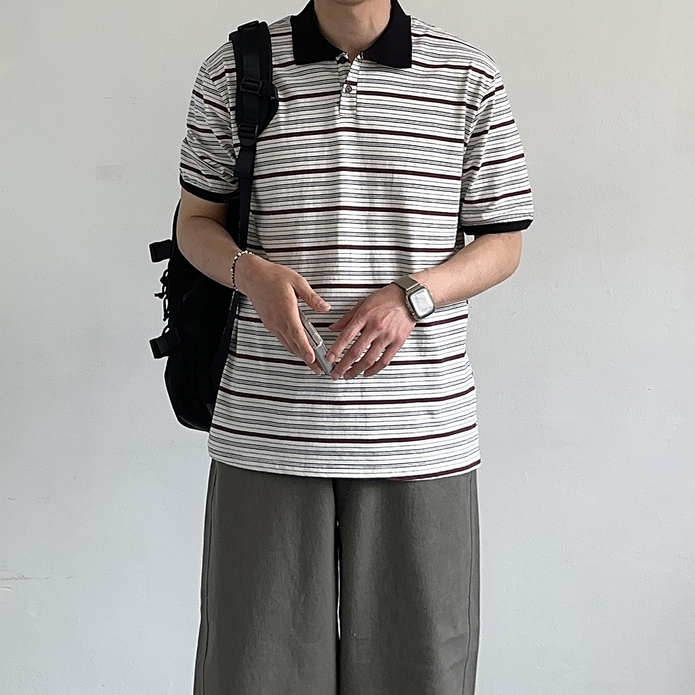 남자 반팔티 오버핏 스트라이프 단가라 반팔 카라티 - 상세 이미지 3